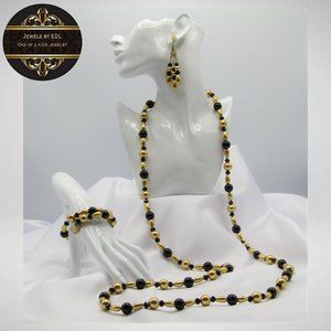 LONG GOLD & BLACK Beaded Jewelry Set